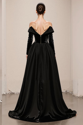 Black Velvet Off the Shoulder A Line Long Holiday Party Dress with Slit