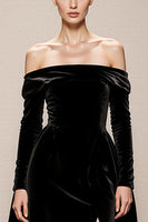 Load image into Gallery viewer, Black Velvet Off the Shoulder A Line Long Holiday Party Dress with Slit