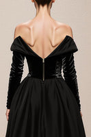 Load image into Gallery viewer, Black Velvet Off the Shoulder A Line Long Holiday Party Dress with Slit