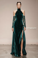 Load image into Gallery viewer, Dark Green Halter Velvet Long Holiday Party Dress with Slit