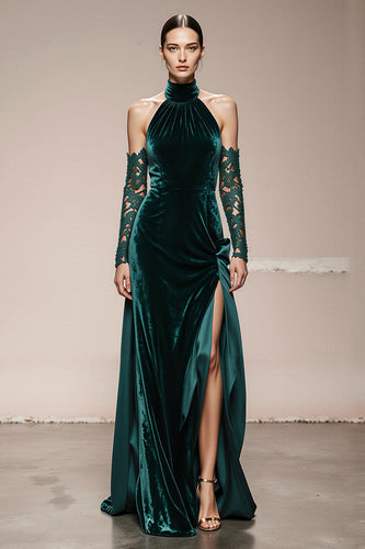 Dark Green Halter Velvet Long Holiday Party Dress with Slit