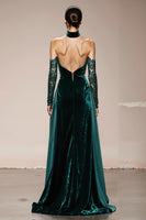 Load image into Gallery viewer, Dark Green Halter Velvet Long Holiday Party Dress with Slit