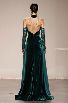 Dark Green Halter Velvet Long Holiday Party Dress with Slit