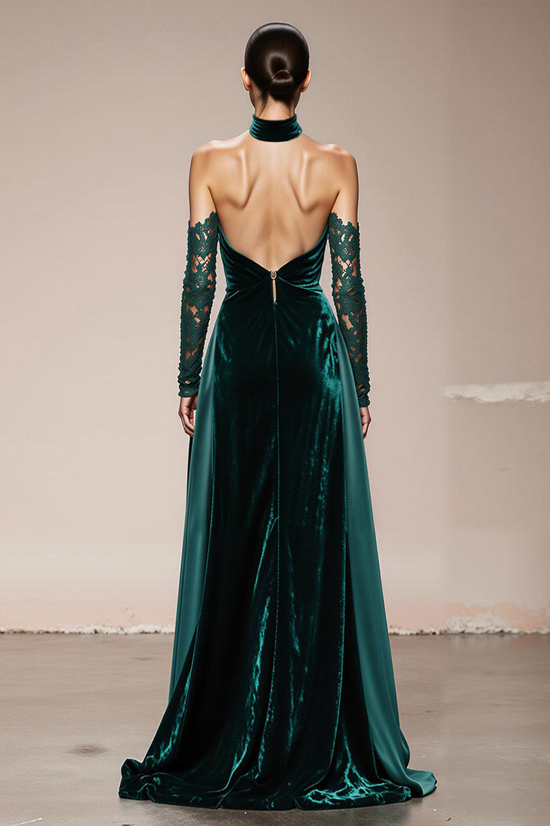 Load image into Gallery viewer, Dark Green Halter Velvet Long Holiday Party Dress with Slit