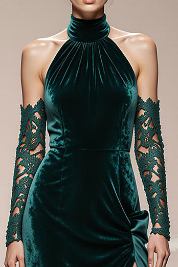 Dark Green Halter Velvet Long Holiday Party Dress with Slit