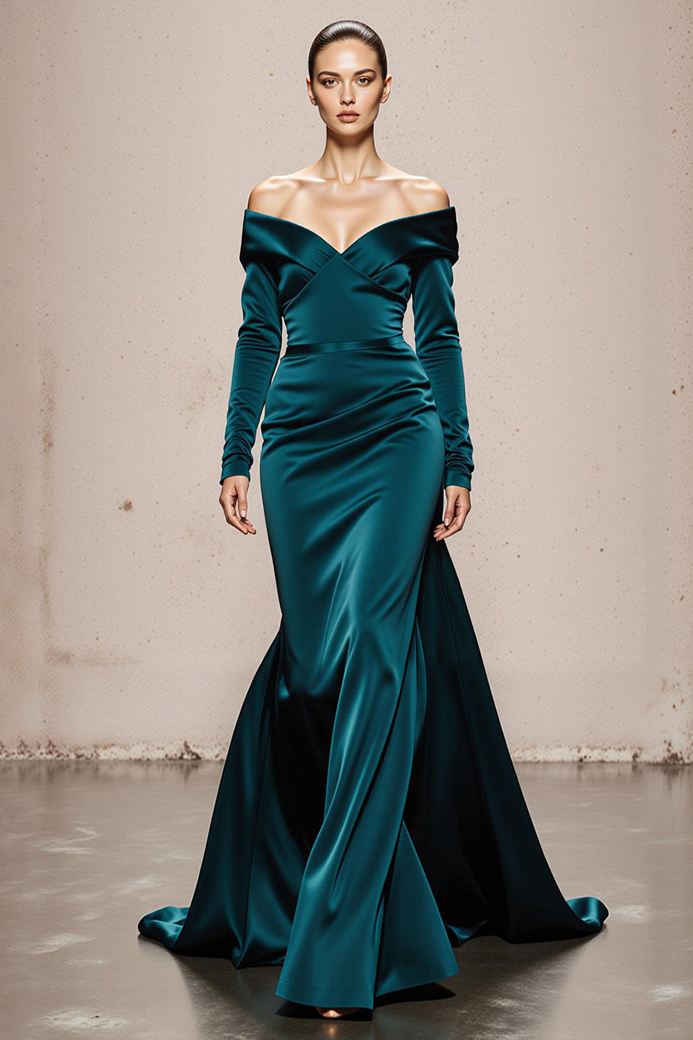 Peacock Green Satin Off the Shoulder Mermaid Long Sleeves Formal Dress
