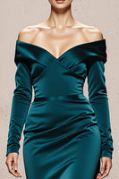 Load image into Gallery viewer, Peacock Green Satin Off the Shoulder Mermaid Long Sleeves Formal Dress