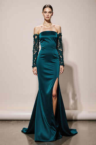 Peacock Green Mermaid Off the Shoulder Long Formal Dress with Lace