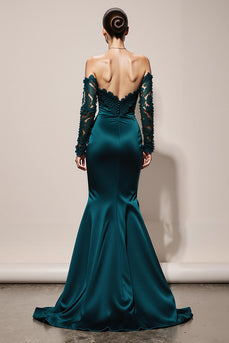 Peacock Green Mermaid Off the Shoulder Long Formal Dress with Lace
