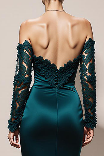 Peacock Green Mermaid Off the Shoulder Long Formal Dress with Lace