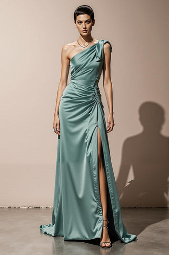 Mint Green Sheath Satin One Shoulder Long Formal Dress with Slit