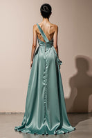 Load image into Gallery viewer, Mint Green Sheath Satin One Shoulder Long Formal Dress with Slit