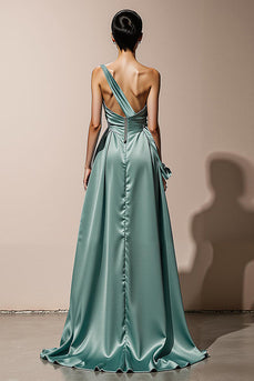 Mint Green Sheath Satin One Shoulder Long Formal Dress with Slit