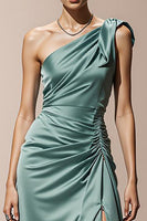 Load image into Gallery viewer, Mint Green Sheath Satin One Shoulder Long Formal Dress with Slit