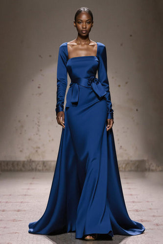 Royal Blue Square Neck Satin Long Sleeves Formal Dress with Sash