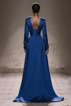 Royal Blue Square Neck Satin Long Sleeves Formal Dress with Sash