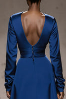 Load image into Gallery viewer, Royal Blue Square Neck Satin Long Sleeves Formal Dress with Sash