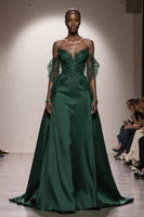 Load image into Gallery viewer, Dark Green Satin A Line Off the Shoulder Long Formal Dress with Lace