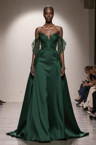 Dark Green Satin A Line Off the Shoulder Long Formal Dress with Lace