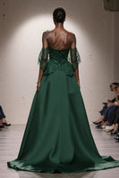Load image into Gallery viewer, Dark Green Satin A Line Off the Shoulder Long Formal Dress with Lace