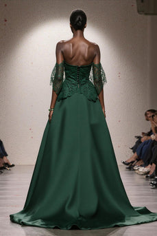 Dark Green Satin A Line Off the Shoulder Long Formal Dress with Lace