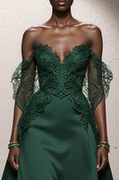 Load image into Gallery viewer, Dark Green Satin A Line Off the Shoulder Long Formal Dress with Lace
