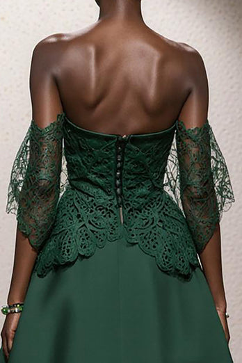 Dark Green Satin A Line Off the Shoulder Long Formal Dress with Lace
