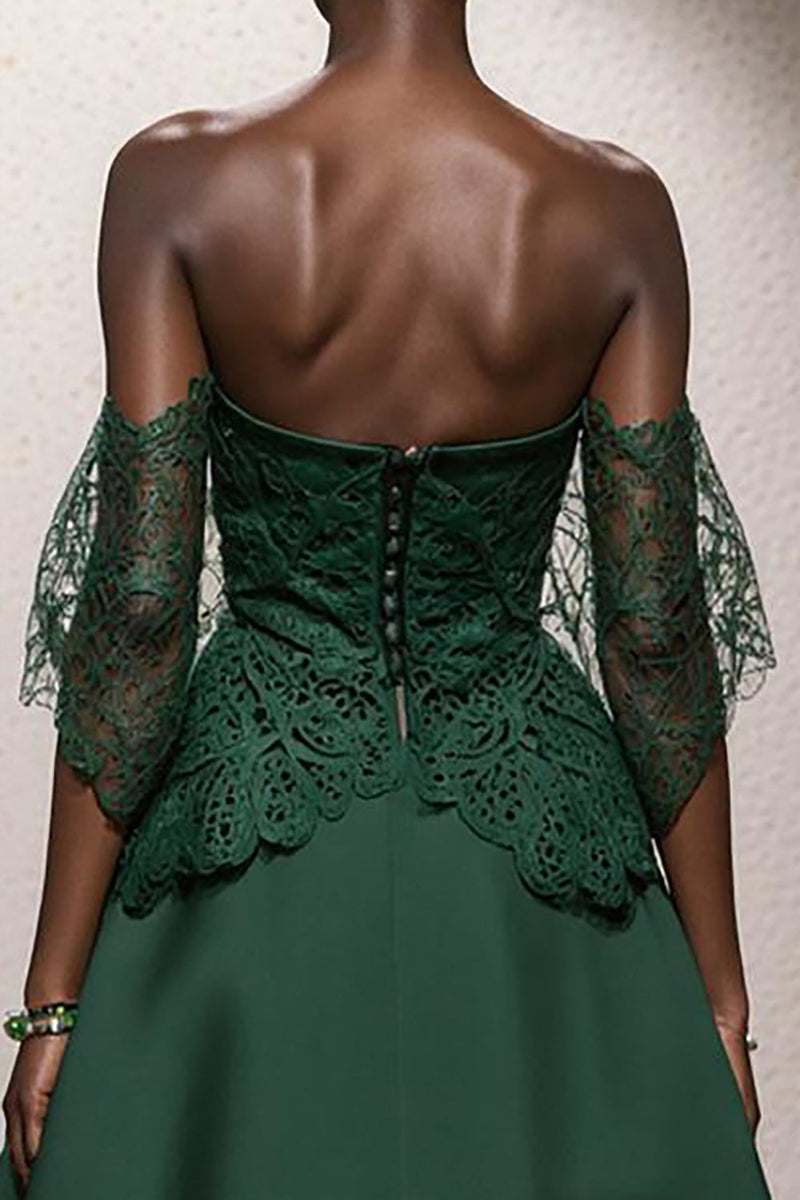 Load image into Gallery viewer, Dark Green Satin A Line Off the Shoulder Long Formal Dress with Lace