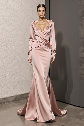 Light Pink Mermaid Satin Backless Long Sleeves Formal Dress