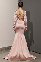 Load image into Gallery viewer, Light Pink Mermaid Satin Backless Long Sleeves Formal Dress