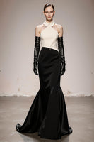 Load image into Gallery viewer, Black and White Mermaid Satin Patchwork Halter Long Formal Dress