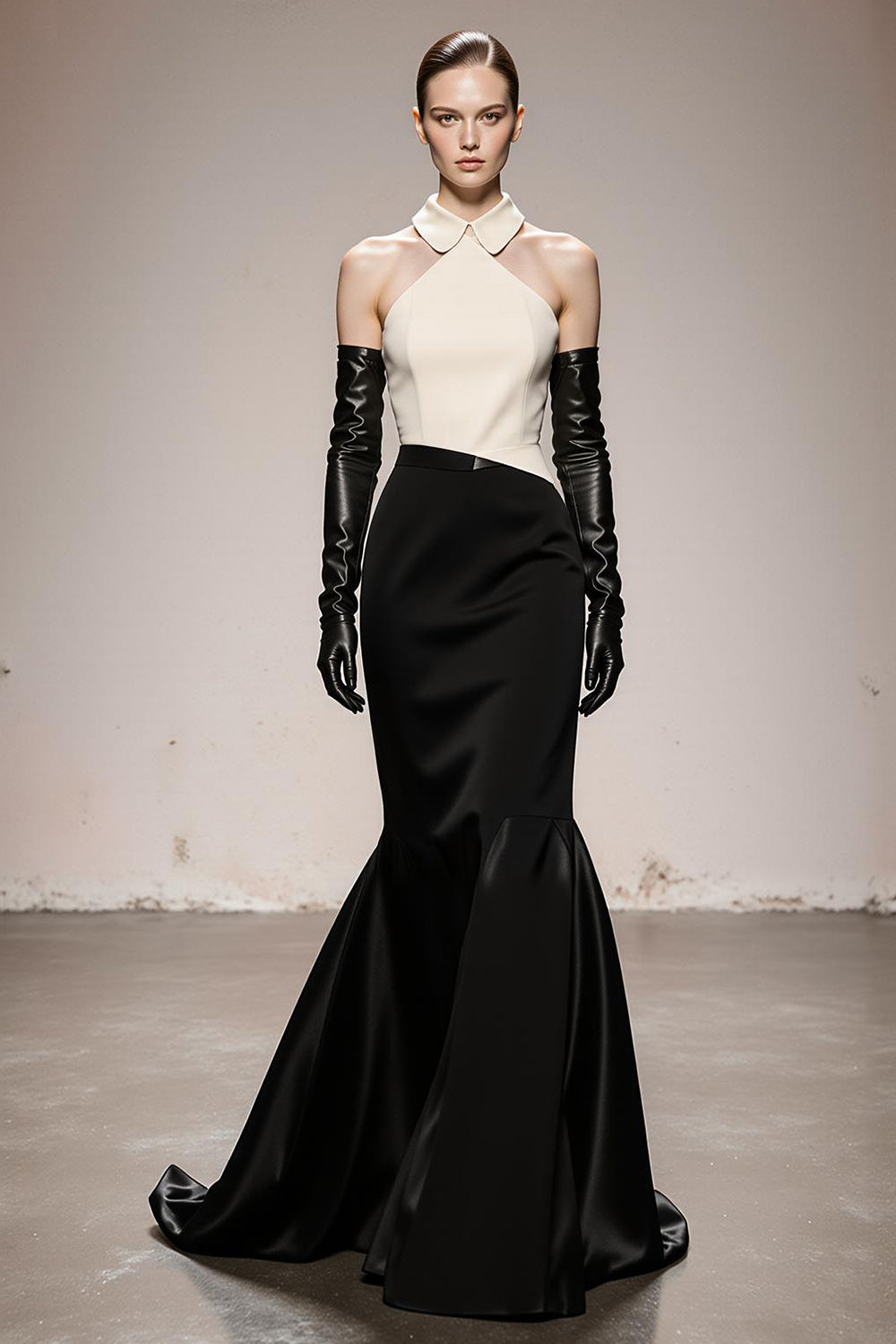 Black and White Mermaid Satin Patchwork Halter Long Formal Dress