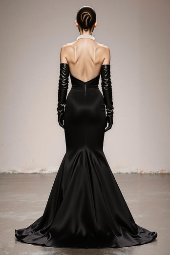 Black and White Mermaid Satin Patchwork Halter Long Formal Dress
