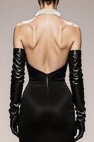 Load image into Gallery viewer, Black and White Mermaid Satin Patchwork Halter Long Formal Dress