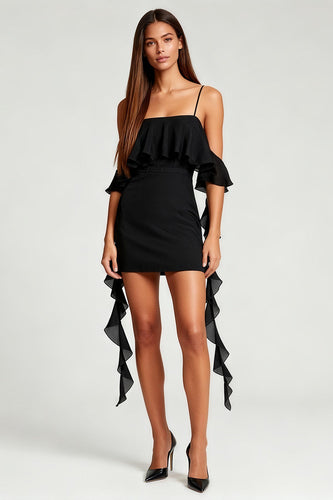 Black Chiffon Cold Shoulder Tight Short Cocktail Dress with Ruffles