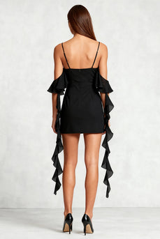 Black Chiffon Cold Shoulder Tight Short Cocktail Dress with Ruffles