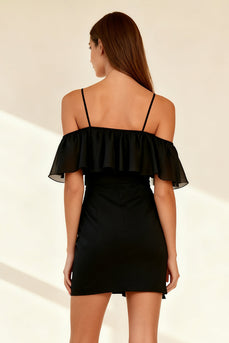 Black Bodycon Ruffled Cold Shoulder Short Cocktail Dress