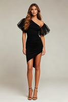 Load image into Gallery viewer, Black Tight Ruched Asymmetrical Short Cocktail Dress with Sleeves