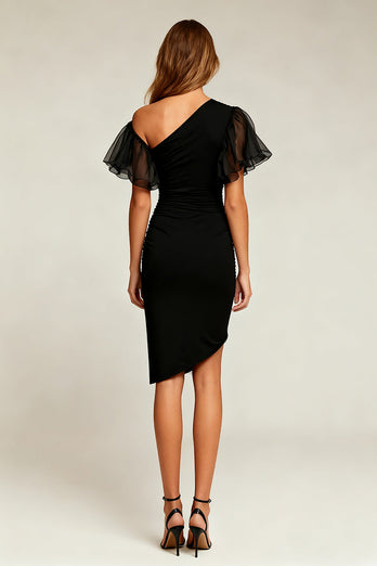 Black Tight Ruched Asymmetrical Short Cocktail Dress with Sleeves