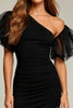 Load image into Gallery viewer, Black Tight Ruched Asymmetrical Short Cocktail Dress with Sleeves