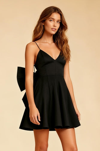 Black Spaghetti Straps A Line Short Cocktail Dress with Bow