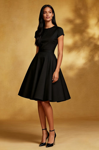 Black Round Neck A Line Short Cocktail Dress with Sleeves