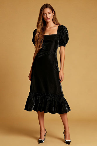 Black Sheath Velvet Square Neck Midi Cocktail Dress with Sleeves