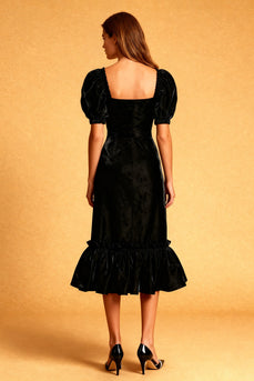 Black Sheath Velvet Square Neck Midi Cocktail Dress with Sleeves
