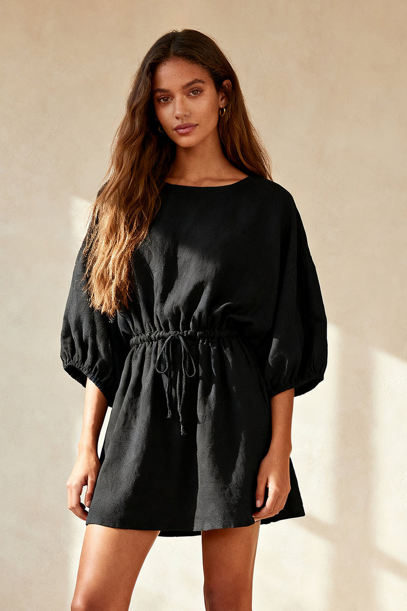 Load image into Gallery viewer, Black Ruched Round Neck Short Work Dress with Sleeves