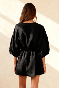 Black Ruched Round Neck Short Work Dress with Sleeves
