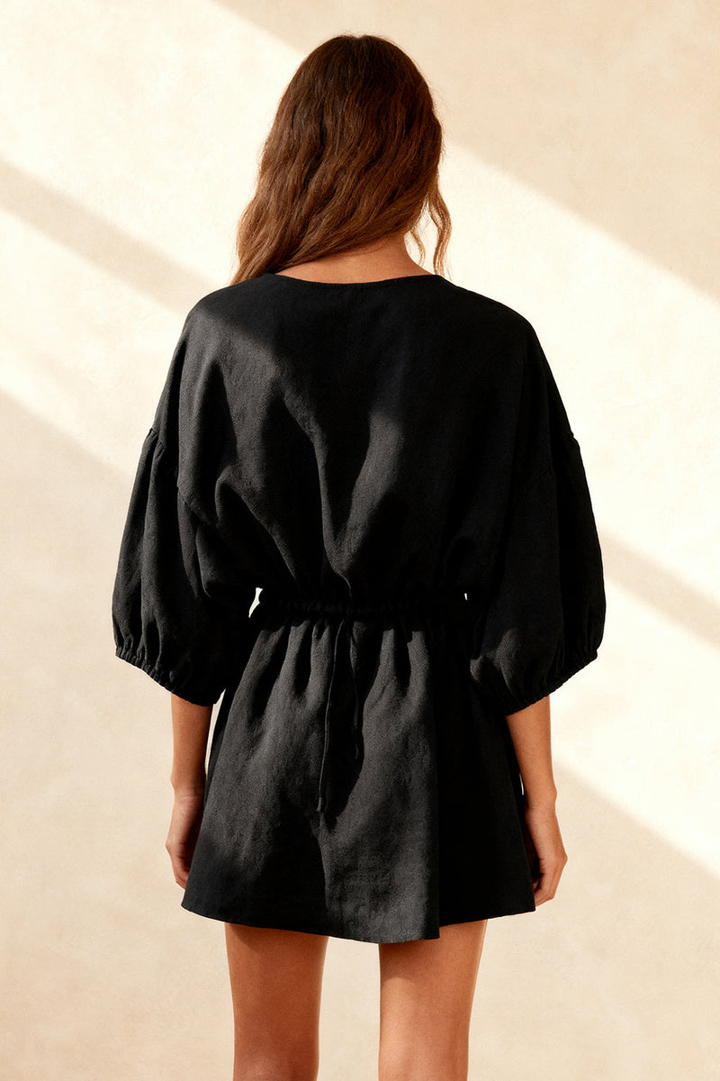 Load image into Gallery viewer, Black Ruched Round Neck Short Work Dress with Sleeves