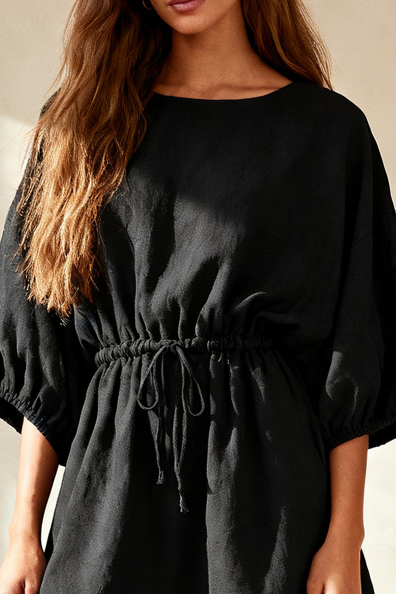 Load image into Gallery viewer, Black Ruched Round Neck Short Work Dress with Sleeves