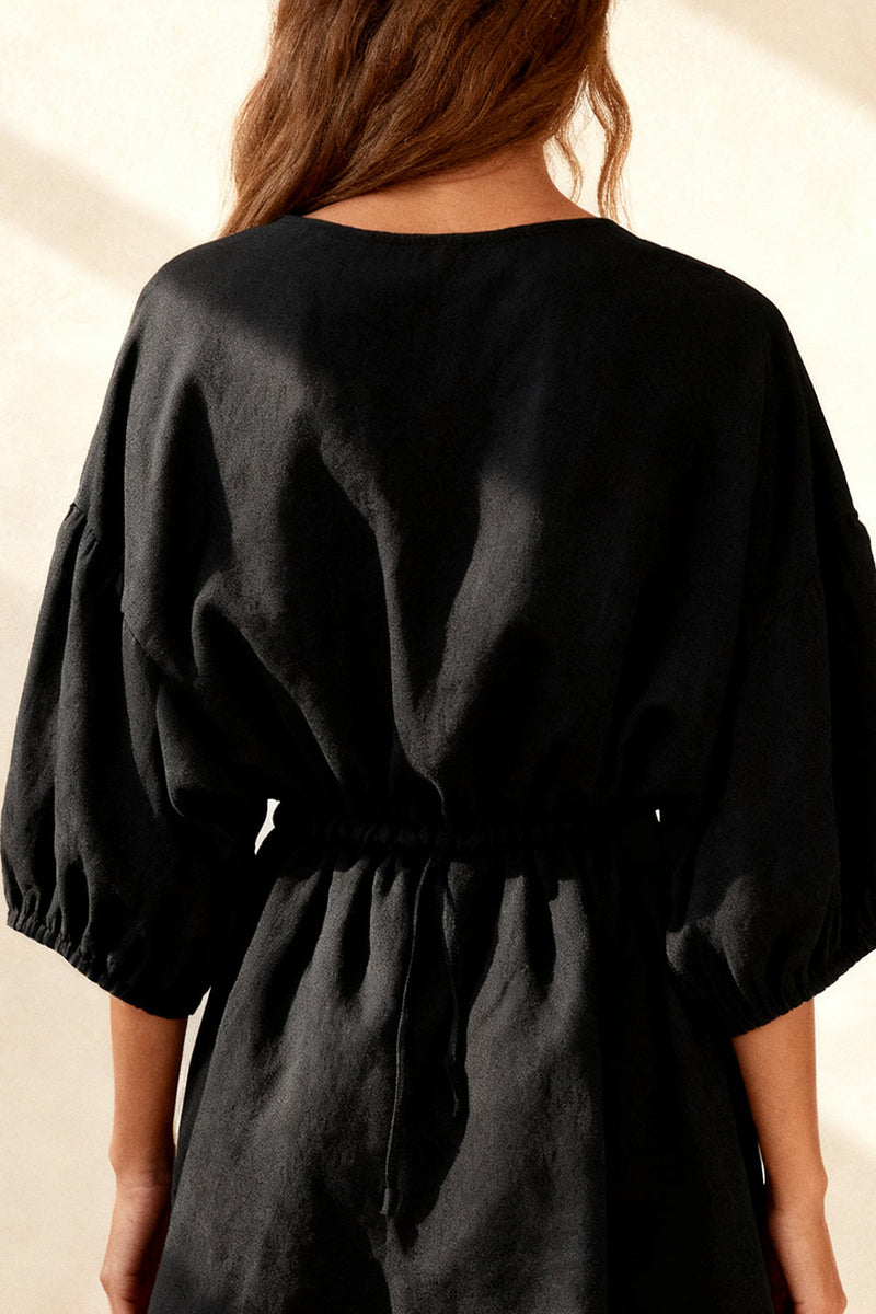 Load image into Gallery viewer, Black Ruched Round Neck Short Work Dress with Sleeves