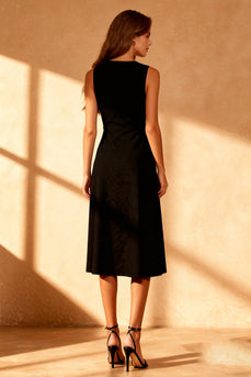 Simple Black Round Neck Satin Bodycon Midi Cocktail Dress